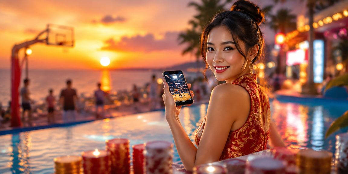 Nhóm bạn trẻ tại Mũi Né cùng theo dõi kết quả bóng rổ trên điện thoại ở bãi biển
