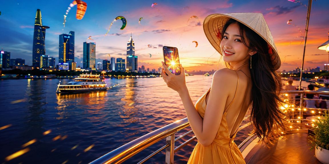 Người chơi casino di động tại Sài Gòn với nón lá truyền thống và điện thoại thông minh